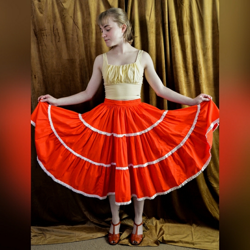 Red Cotton Circle Skirt with White Lace Trim